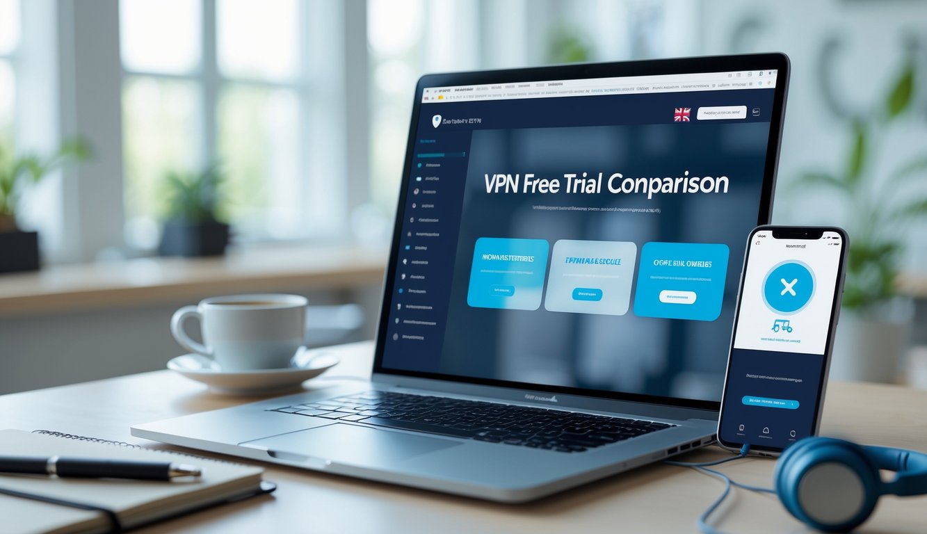 A laptop and smartphone on a desk in a bright office, showing digital screens related to internet security and VPN services.