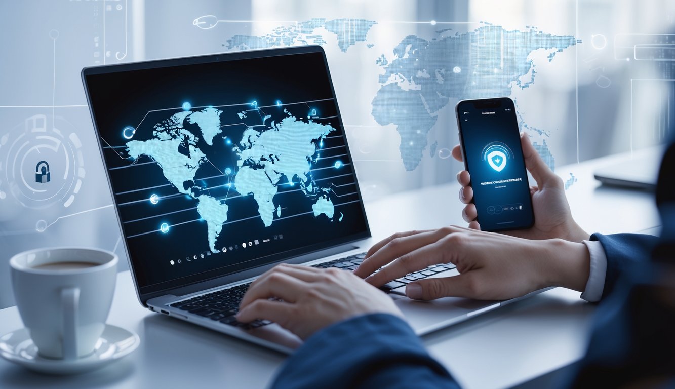 A person using a laptop and smartphone at a clean desk, with digital VPN connection visuals over a world map highlighting the UK.