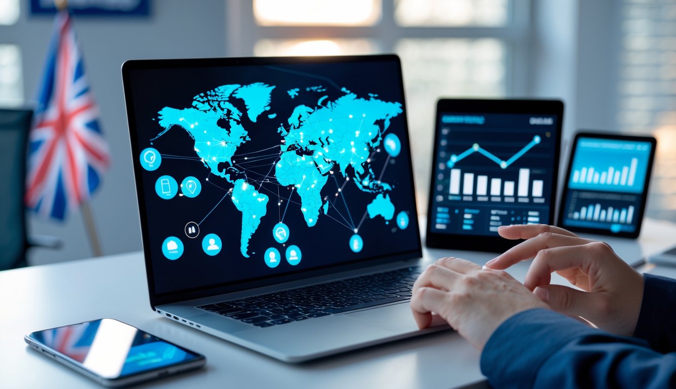 A person using a laptop and other devices showing digital maps and charts on a desk with subtle UK elements in the background.