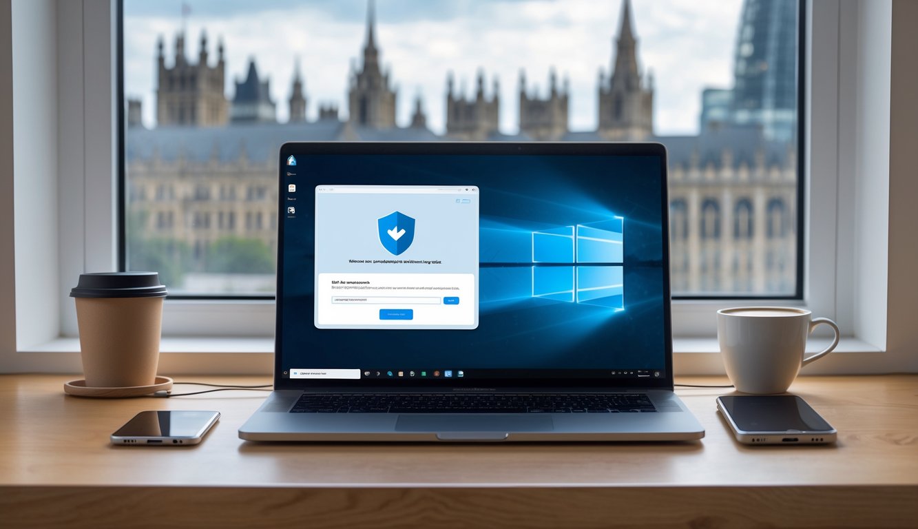 A laptop on a desk showing a VPN interface, with a smartphone and coffee cup nearby, set against a window view of a UK cityscape.