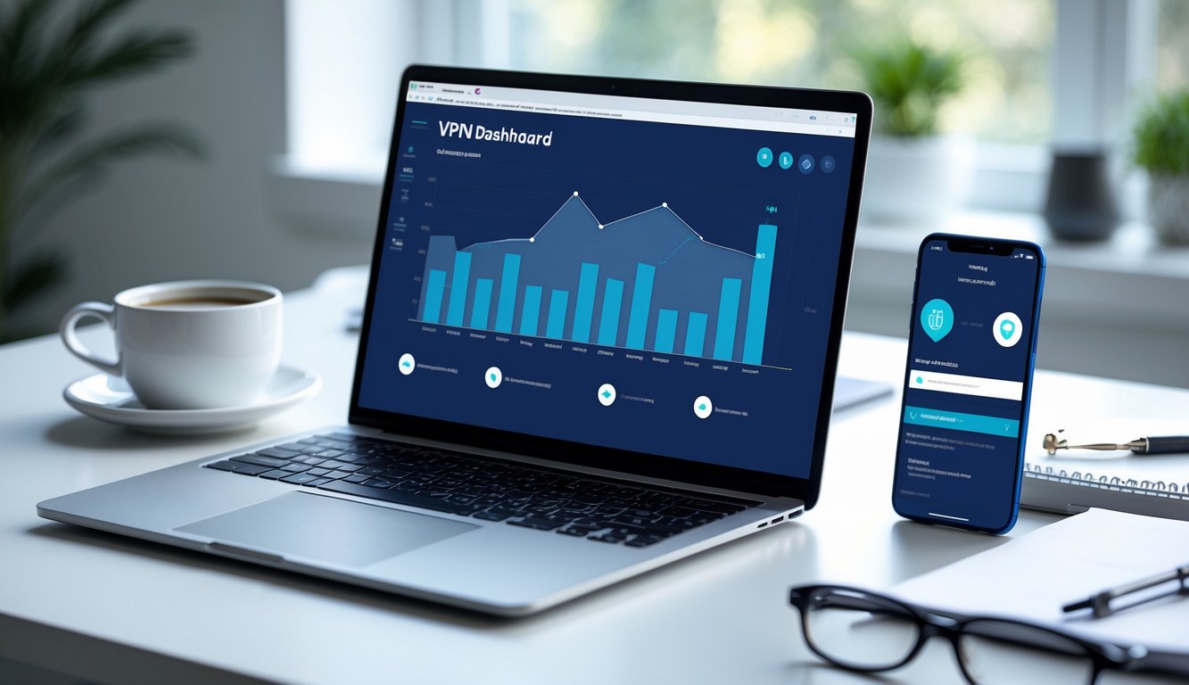 A modern workspace with a laptop and smartphone showing VPN app interfaces, a cup of coffee, a notepad, and glasses on a desk near a window.