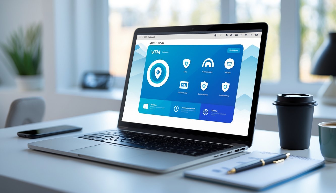 A laptop on a desk showing a VPN application interface with a smartphone and coffee cup nearby in a bright workspace.