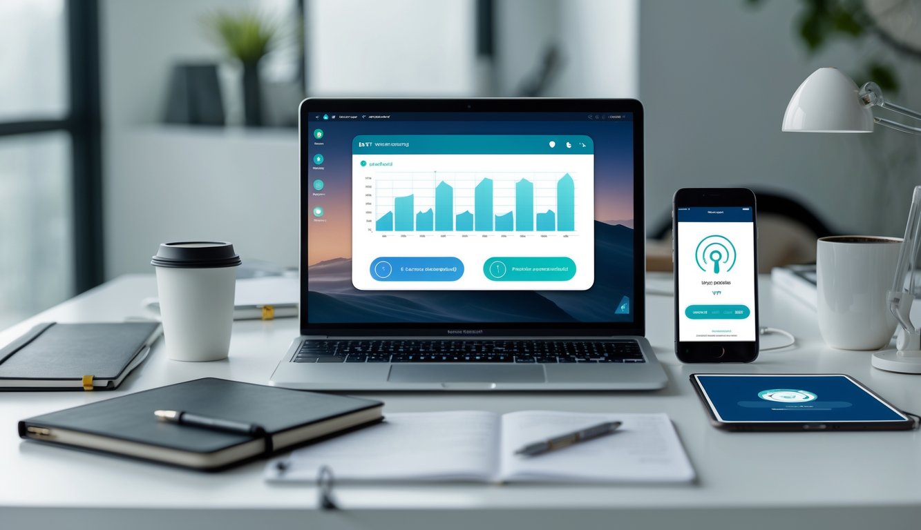 A modern workspace with a laptop, smartphone, and tablet showing VPN connection interfaces on a clean desk.