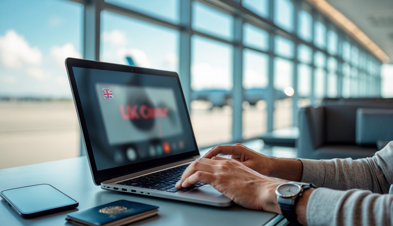 A young traveller using a laptop in an airport lounge, streaming UK content while waiting for a flight.