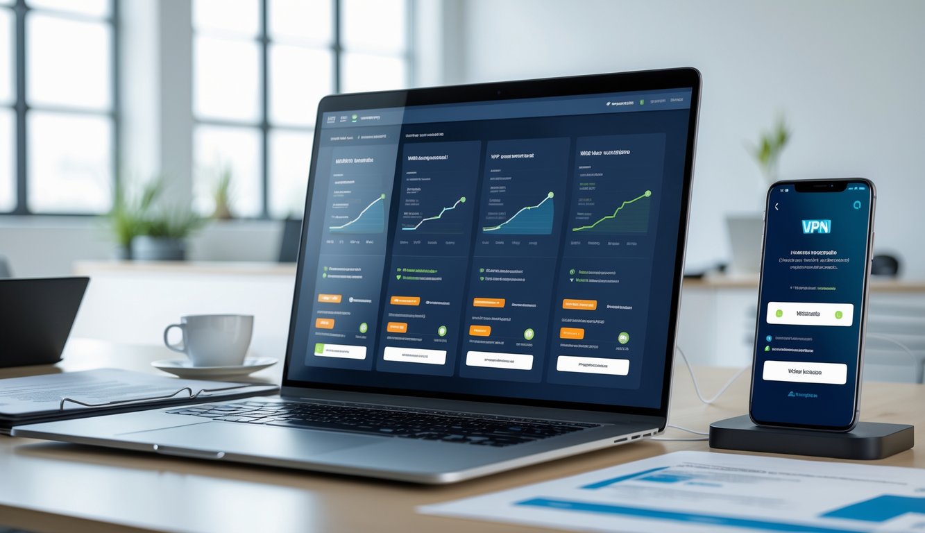 A laptop on a desk showing multiple VPN service interfaces, with a smartphone displaying a VPN app and UK flag nearby, in a bright modern office setting.
