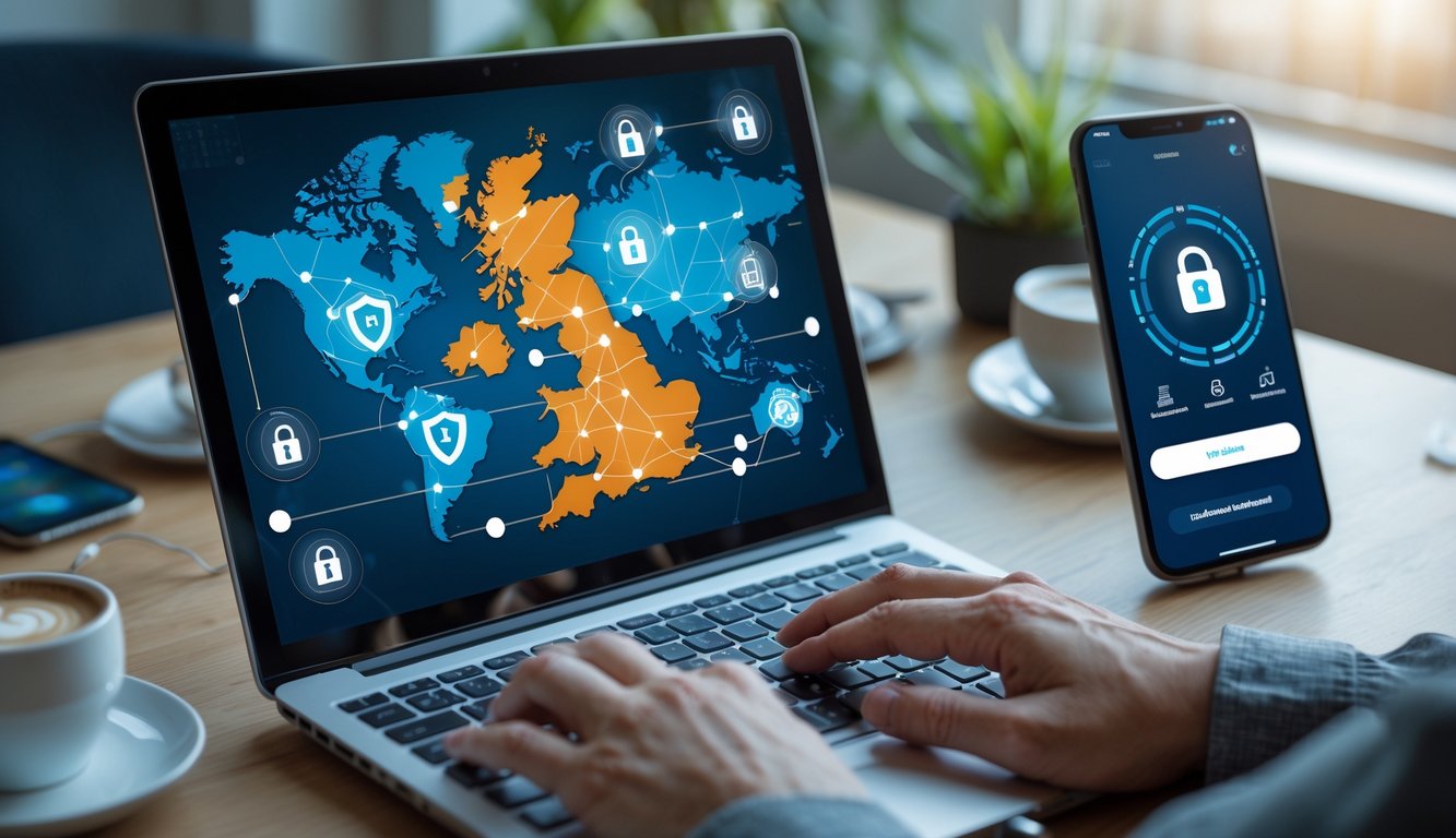 A person typing on a laptop showing a digital map of the United Kingdom with security icons, on a desk with a smartphone and a cup of coffee.