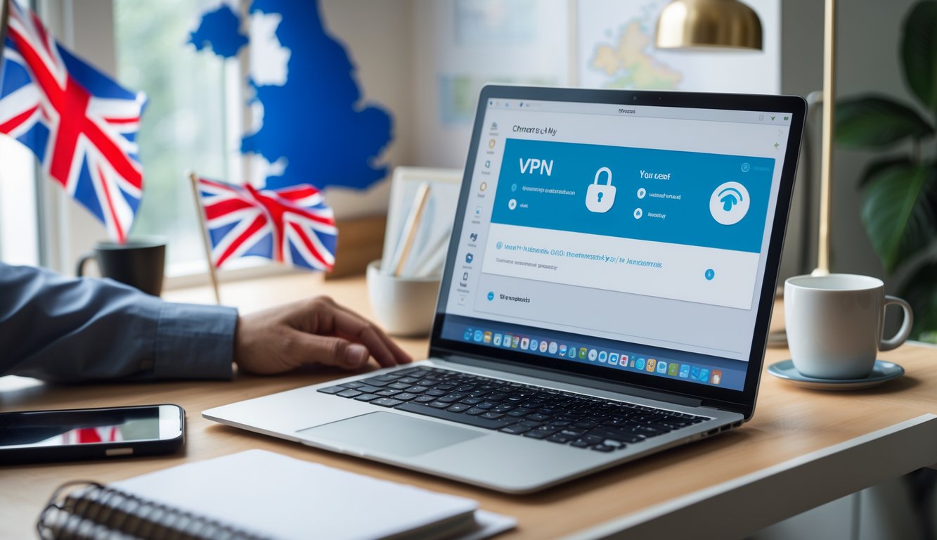 Person using a laptop in a home office with UK-themed decorations and technology accessories on the desk.
