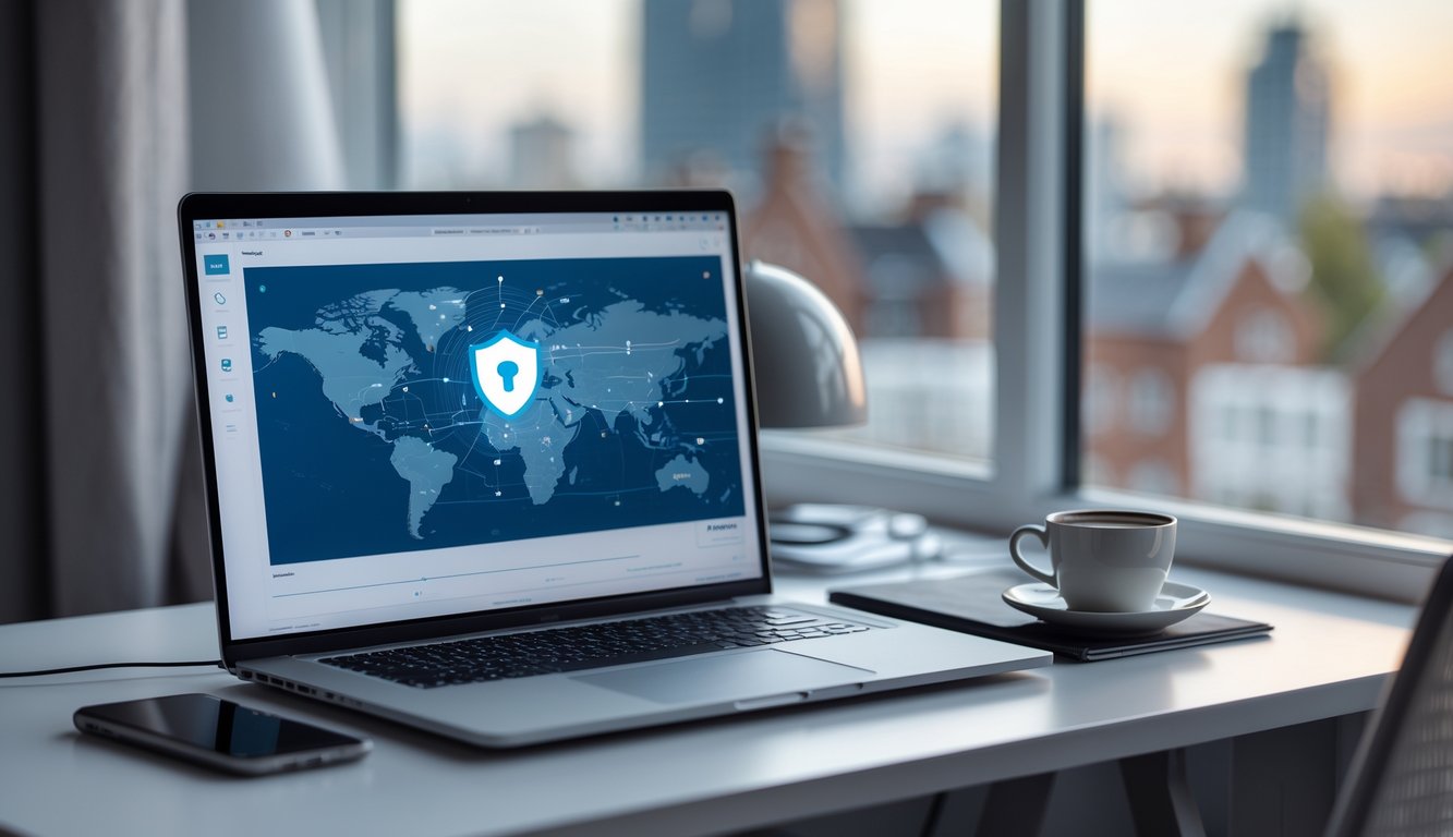 A modern home office with a laptop showing a VPN interface, a smartphone, notebook, and coffee cup on a desk, with a blurred UK cityscape visible through the window.