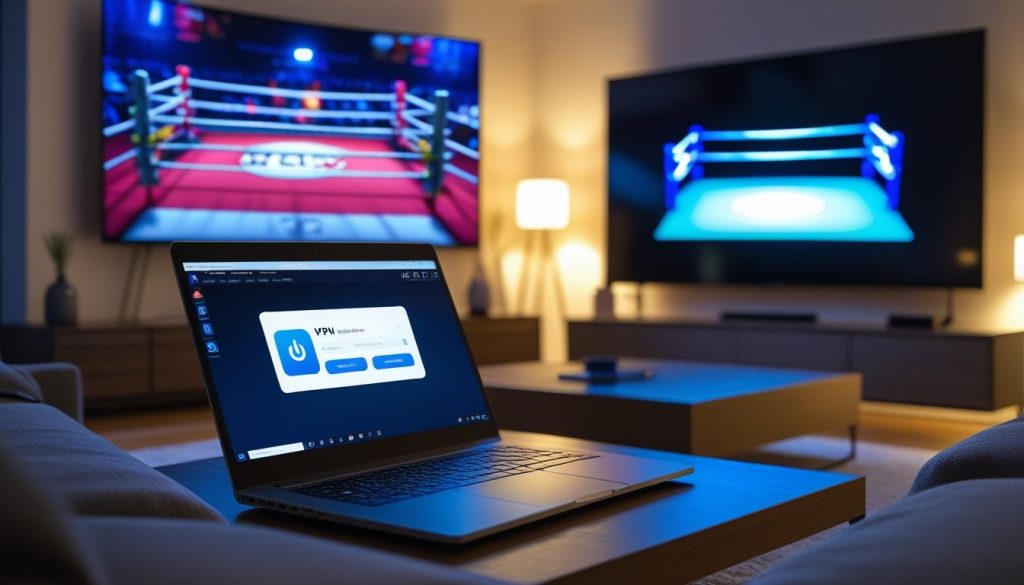VPN connected on a laptop while streaming a boxing event
