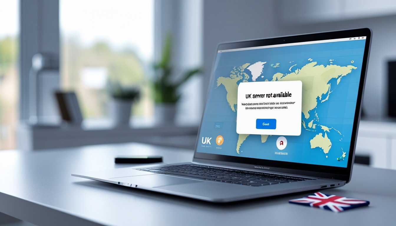 Laptop displaying VPN error that UK server is not available