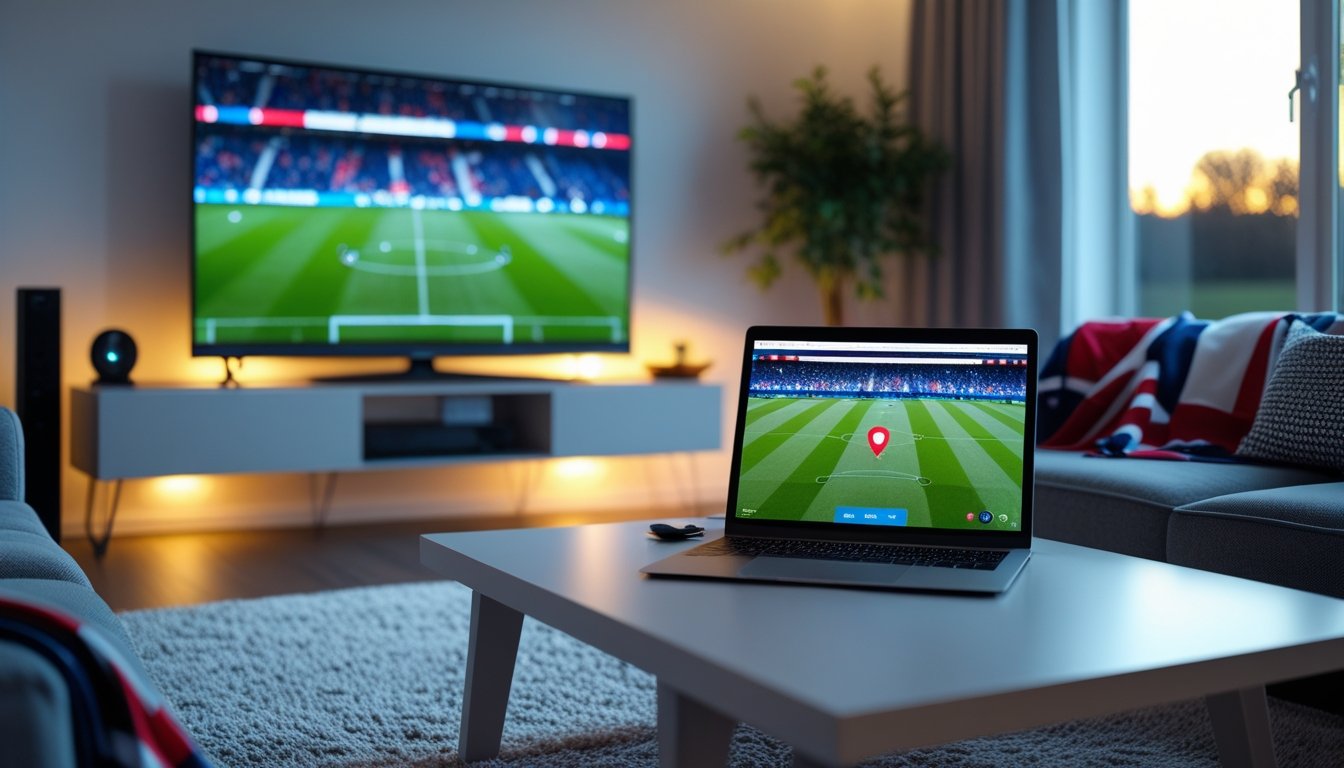 Laptop showing a VPN connected to the UK while watching a football match on TV