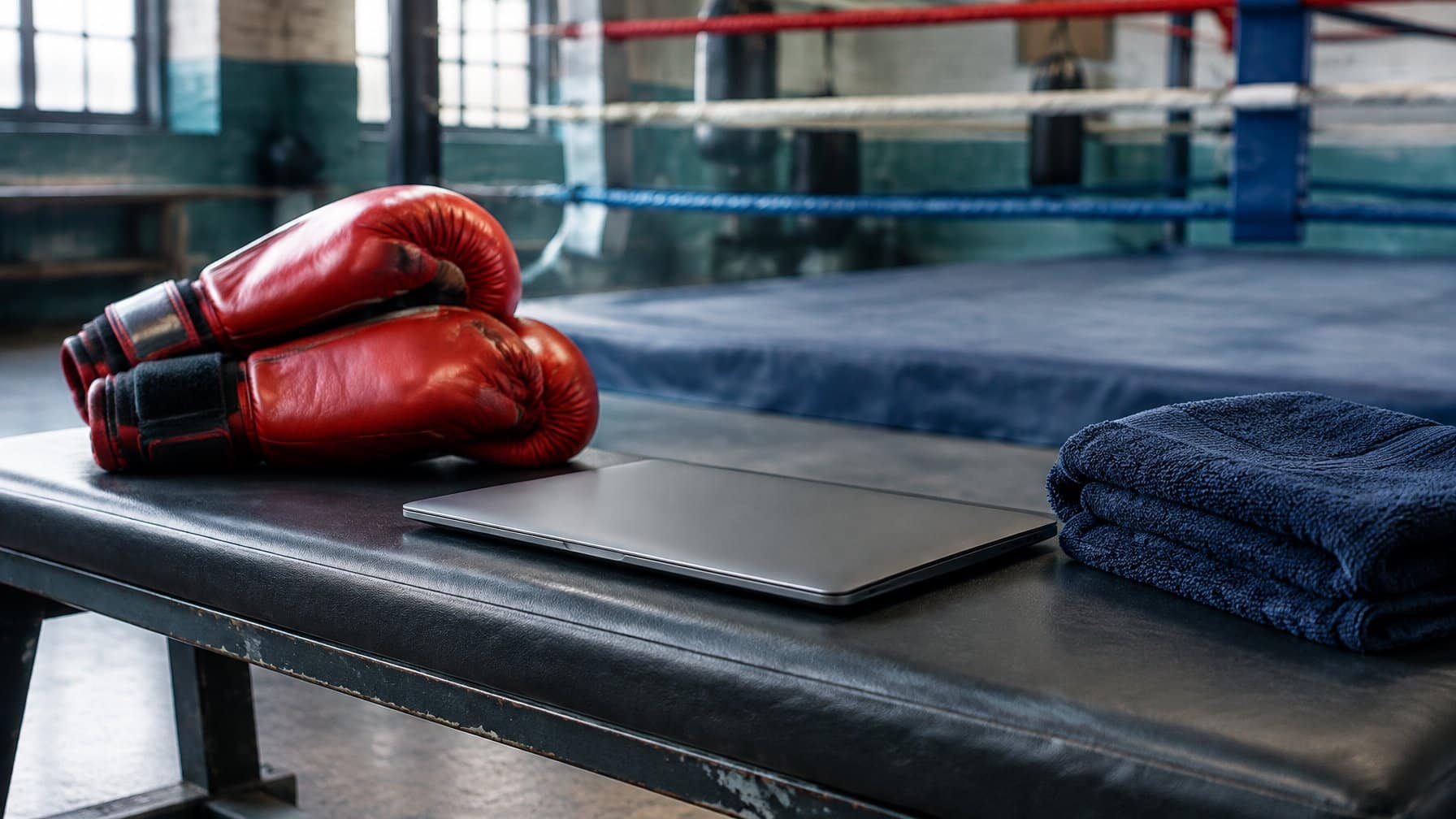 Boxing gloves and closed laptop on a gym bench beside a boxing ring