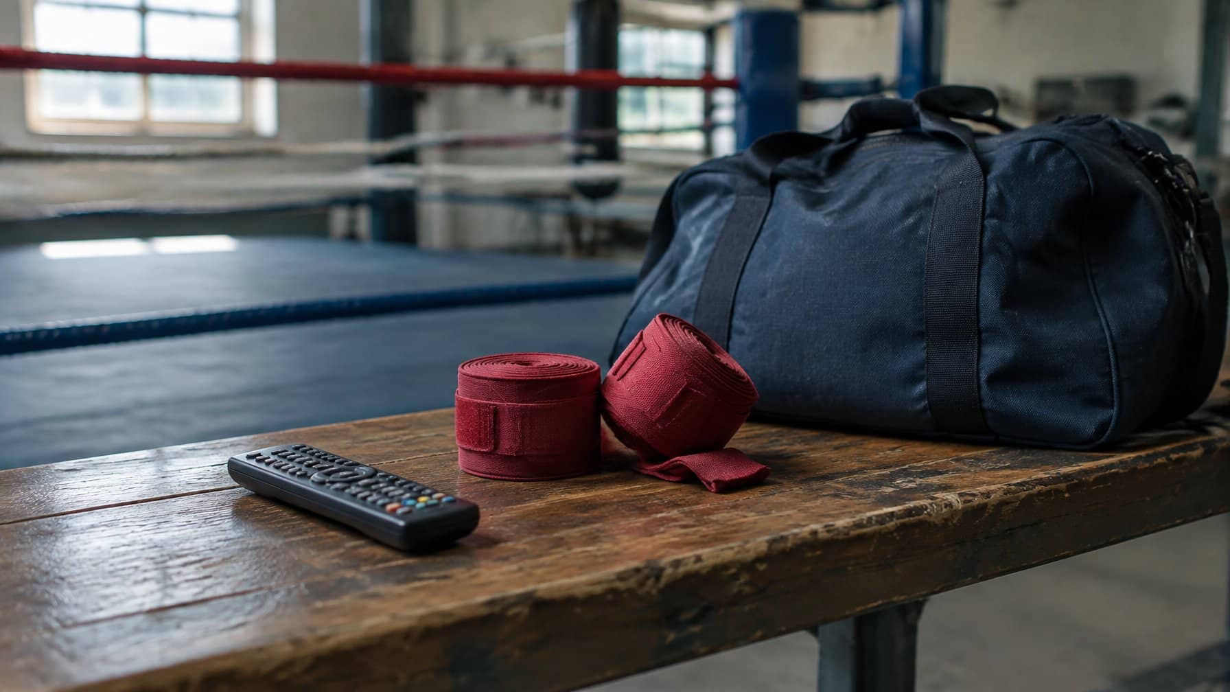Television remote and boxing hand wraps on a gym bench